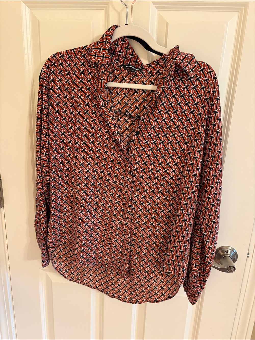 Express Coral and Black Geometric Tie-Neck Blouse